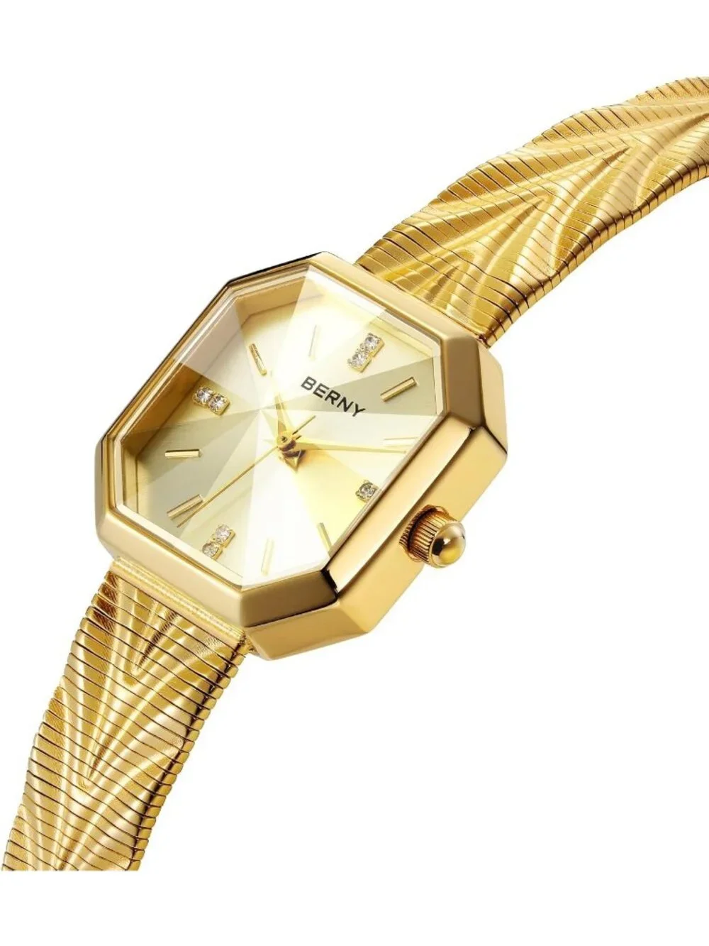 Women's Gold-Sunray Octagonal Case Waterproof Stainless Steel Luxury Wrist Watch